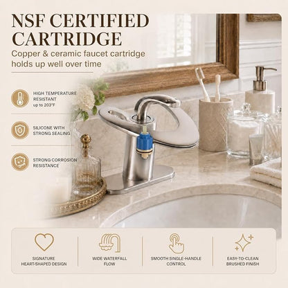 Brushed Nickel Bathroom Faucet, Waterfall Single Handle Bathroom Faucets, Unique Single Hole Faucet with Deck Plate for 3 Hole Bathroom Sink