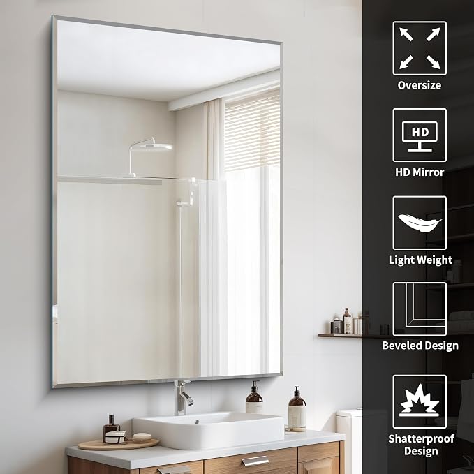 CILIBER Beveled Bathroom Mirror, 60x40 Large Bathroom Mirrors for Over Sink, 3mm Tempered Glass Beveled Frameless Vanity Mirror for Bathroom, Bedroom, Living Room and Entryway