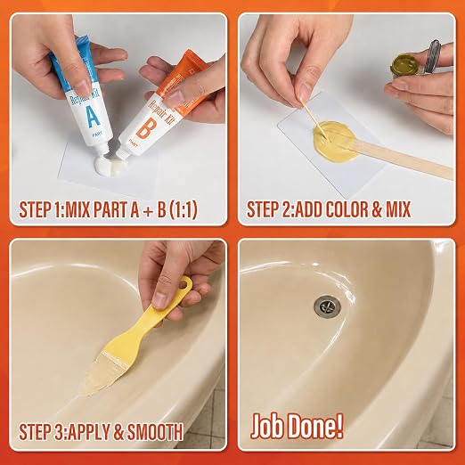 Tub Repair Kit (Color Match), for Fiberglass Shower, Acrylic Bathtub | For Chips, Cracks, Holes & Rust on Porcelain Sink, Tile, Enameled Cast Iron Tub Surround & Shower Pan Repair, White, Almond