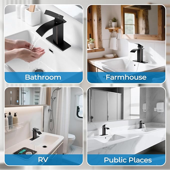 ORB Bathroom Faucets, Waterfall Bathroom Sink Faucet Modern Single Handle Bathroom Faucte 1 or 3 Hole, RV Mixer Tap Vanity Faucet - Includes Pop-up Drain Supply Hoses Deck Plate