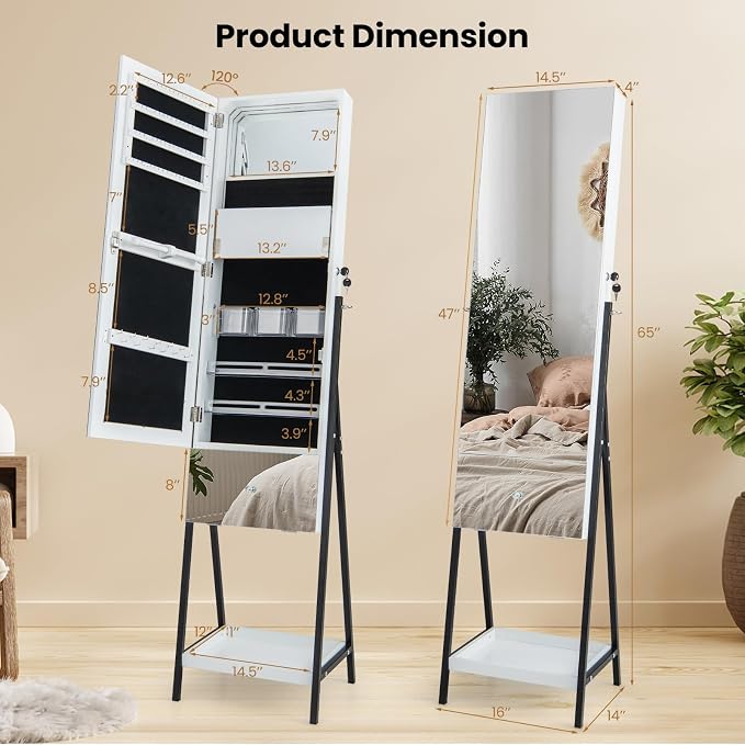 GOFLAME Standing Jewelry Cabinet Armoire, 65" Lockable Jewelry Storage Organizer with Full-Length Mirror, Inner Makeup Mirror with 3-Color LED Lights, Foldable Makeup Shelf, Bottom Shelf, White