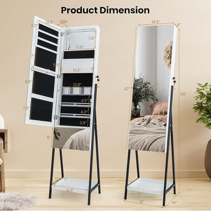 GOFLAME Standing Jewelry Cabinet Armoire, 65" Lockable Jewelry Storage Organizer with Full-Length Mirror, Inner Makeup Mirror with 3-Color LED Lights, Foldable Makeup Shelf, Bottom Shelf, White