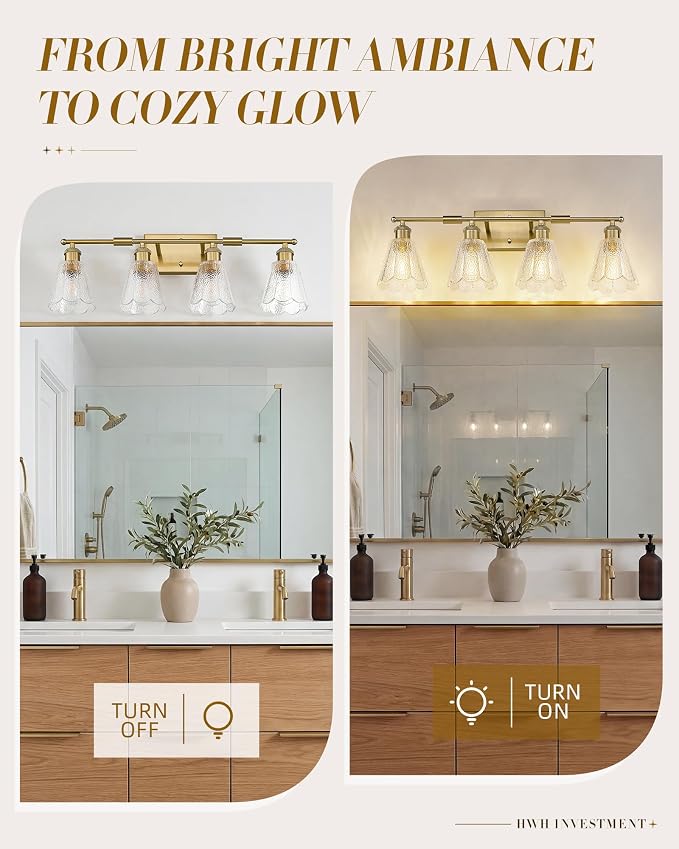 HWH 4-Light Bathroom Light Fixture, Clear Floral Glass, 5HJX110B-4W BG | Brushed Gold Finish, Modern, 27 Inch Vanity Lights Over Mirror, Sconce Wall Lighting for Bedroom, E26 Base For Common Bulbs