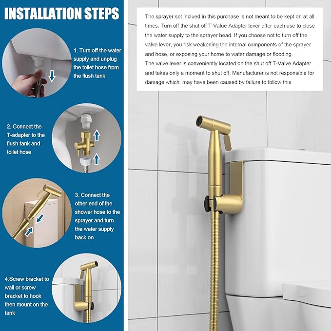 FREDI Bidet Sprayer for Toilet - Handheld Sprayer Kit, Adjustable Pressure, Stainless Steel, Easy to Install (Brushed Gold)
