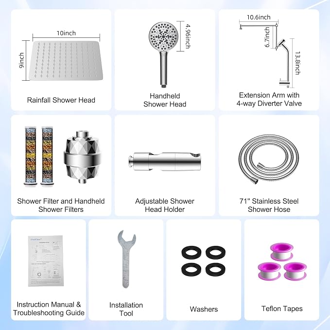 10" Metal Rain Filtered Shower Head with Handheld, 10 Modes, Easy Reach | Chrome, High-Pressure Rainfall Showerhead, 4-Way Diverter Pause Mode, Adjustable 16" Extension Arm, 20-Stage Shower Filter