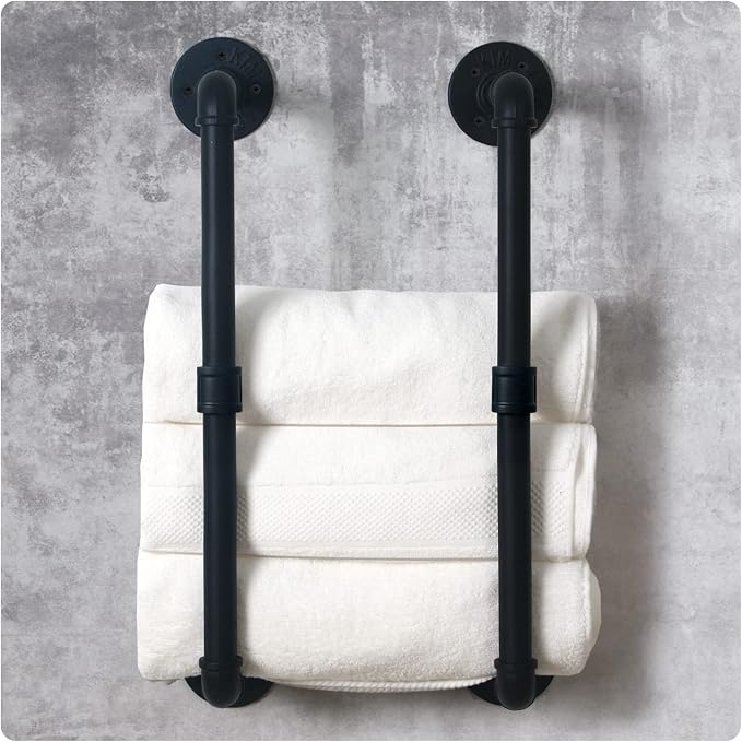 HouseAid Industrial Pipe Towel Rack, Farmhouse Bathroom Towel Storage Holder, Vintage Style Towel Organization, Wall Mounted, Matte Black