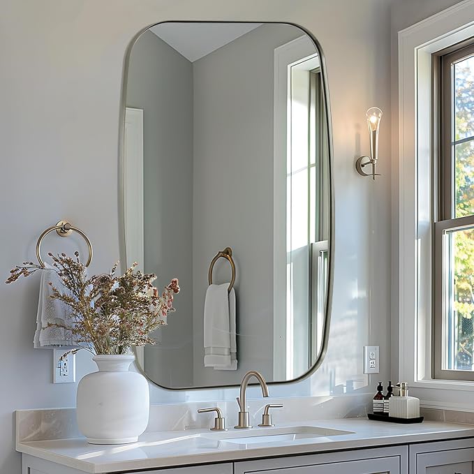 Brushed Nickel Bathroom Mirror, 32x48 Oblong Mirror with Stainless Steel Metal Frame, Silver Oval Vanity Mirror for Over Sink, Modern Anti Rust Wall Mounted