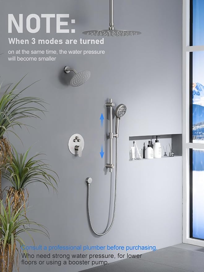 Woindo Shower Faucet Set with Slide Bar, 12" Rain Shower Head/8'' Side Shower Head and 10 Setting Handheld Ceiling Mount 3 Push Button Diverter Complete Rainfall Shower System Included Valve Trim Kit