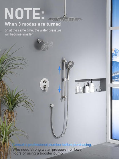 Woindo Shower Faucet Set with Slide Bar, 12" Rain Shower Head/8'' Side Shower Head and 10 Setting Handheld Ceiling Mount 3 Push Button Diverter Complete Rainfall Shower System Included Valve Trim Kit