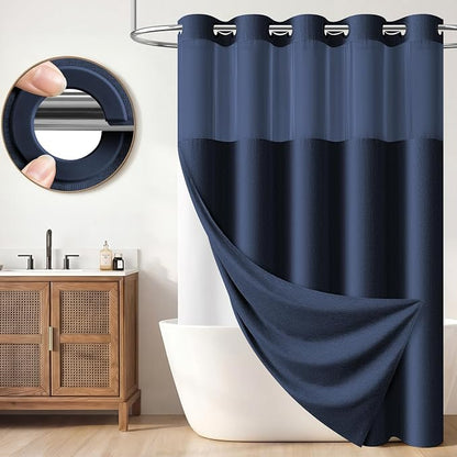 Navy Blue Ringless Linen Look Shower Curtain with Snap in Liner, 72x75 | 3 in 1 Hotel Shower Curtain Set, Removable Liner, Waterproof & Washable, Mesh Top Window, Durable Fabric, Easy to Install