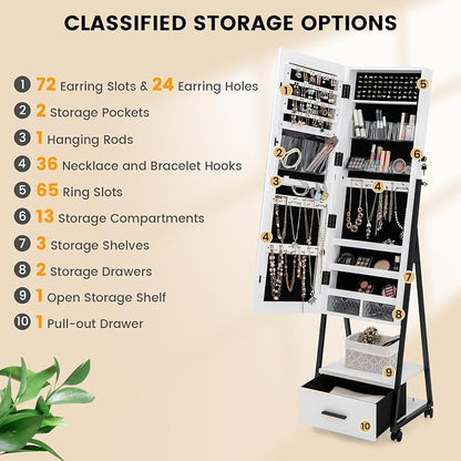 Rolling Jewelry Cabinet with Wheels, Lockable Jewelry Organizer Box with Drawers, Freestanding Jewelry Armoire with Full-length Mirror, for Women Girls Bedroom Cloakroom (White)