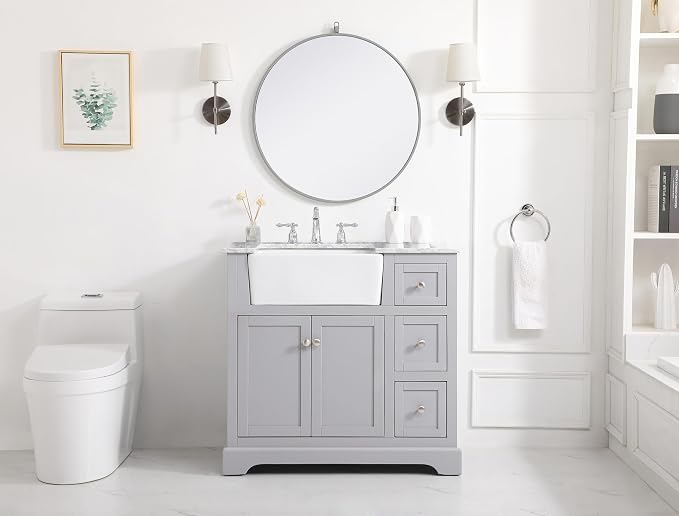 36" Pre-Assembled Bathroom Vanity with Sink, Solid Birch and MDF, Carrara White Marble Countertop Attached, Single Rectangle Porcelain Sink, 3 Soft-Close Drawers, Grey