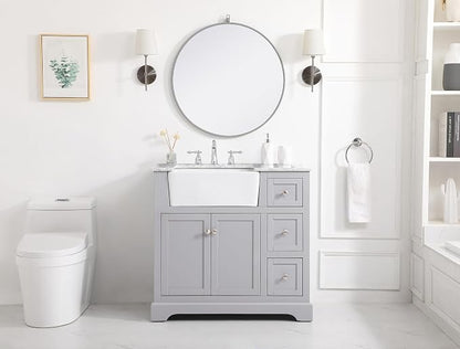 36" Pre-Assembled Bathroom Vanity with Sink, Solid Birch and MDF, Carrara White Marble Countertop Attached, Single Rectangle Porcelain Sink, 3 Soft-Close Drawers, Grey
