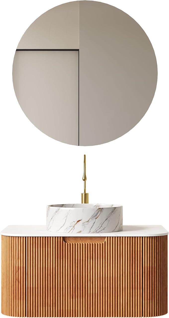 30'' Floating Vanity with Sink Combo, Modern Wall-Mounted Curved Edges Striped Bathroom Storage Cabinet with Soft-Close Drawer and White Stone Pattern Basin, Natural Walnut