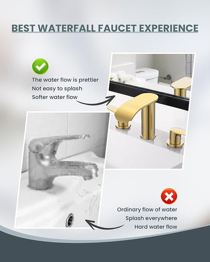 WOWOW Waterfall Bathroom Faucet 3 Holes 8Inch Widespread Bathroom Sink Faucet, Two Handles Lavatory Vanity Sink Faucets with Pop-up Drain & Supply Hoses, Modern Faucet Mixer Taps Gold