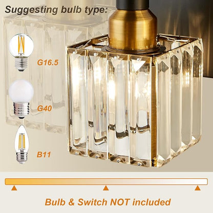 Modern Crystal Bathroom Vanity Light 3-Light Brass Wall Light Fixtures Over Mirror Black and Gold Vanity Lighting for Bathroom Square Shade Brass Wall Sconce