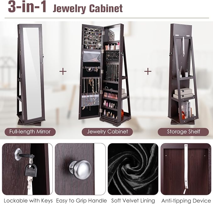 LOKO 360° Rotating Jewelry Armoire, Freestanding Jewelry Cabinet with Inside Makeup Mirror, 2-in-1 Lockable Jewelry Organizer w/Full-Length Mirror for Women (Espresso)