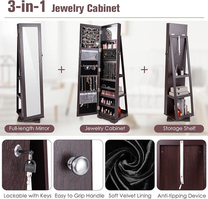 LOKO 360° Rotating Jewelry Armoire, Freestanding Jewelry Cabinet with Inside Makeup Mirror, 2-in-1 Lockable Jewelry Organizer w/Full-Length Mirror for Women (Espresso)