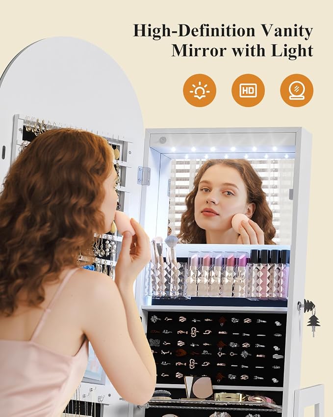 LVSOMT LED Arched Mirror Jewelry Cabinet Standing, Lockable Jewelry Armoire | 360° Swivel Full-Length Mirror with Storage, Large Jewelry Organizer Mirror, Foldable Makeup Shelf, Gift for Women, Black