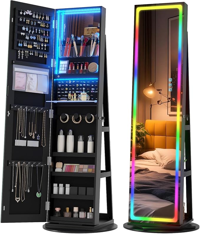 Vlskra Mirror Jewelry Cabinet Standing with Full Length LED Mirror, Black | Lockable Jewelry Armoire with 14 RGB Color Modes, Rotating Jewelry Organizer with Dustproof Lock, Gift Idea for Women, Girls