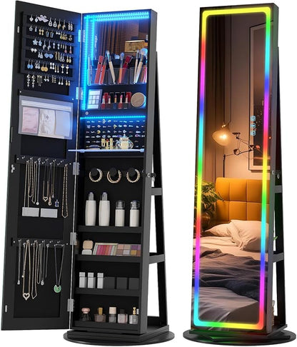 Vlskra Mirror Jewelry Cabinet Standing with Full Length LED Mirror, Black | Lockable Jewelry Armoire with 14 RGB Color Modes, Rotating Jewelry Organizer with Dustproof Lock, Gift Idea for Women, Girls