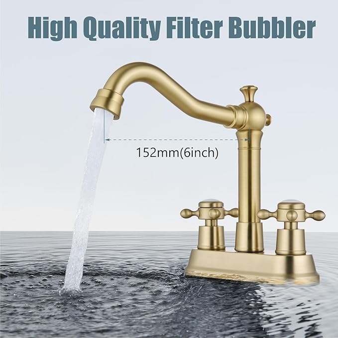 Aolemi 4 Inch Centerset Bathroom Sink Faucet Vintage 2 Cross Handle RV Mixer Tap Basin Vanity Lavatory Utility for Sink 3 Hole Include Hoses Pop Up Drain Faucet Handle with Label Brushed Gold
