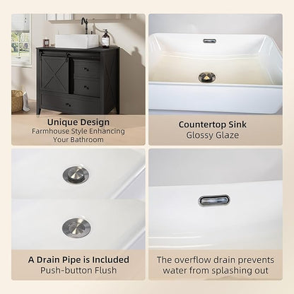 VNN Bathroom Vanity with Sink - 36 Inch Bathroom Vanity with Sink Ceramic, Freestanding Cabinet with Farmhouse Sliding Barn Door and 3 Drawers, Space-Saving Storage Cabinet, Wood Grain Texture, Black