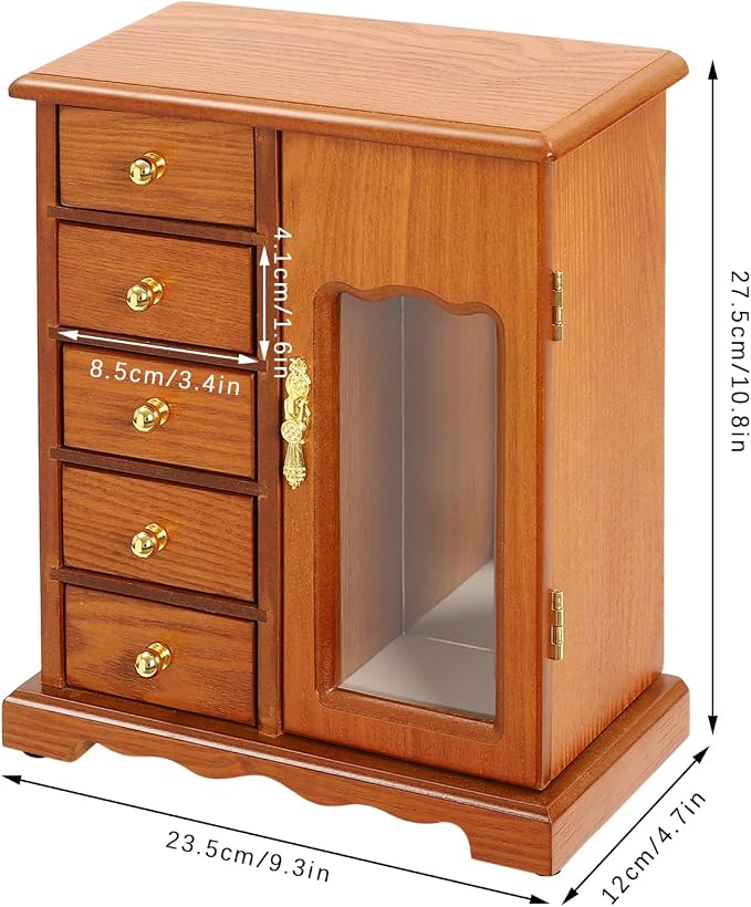 Vintage Wood Jewelry Box with 5 Drawers, Desktop Jewelry Organizer with Glass Door & Mirror, Necklace Ring Storage Display Case Built-in Necklace Carousel, Brown (Light Brown, 5 Drawers)