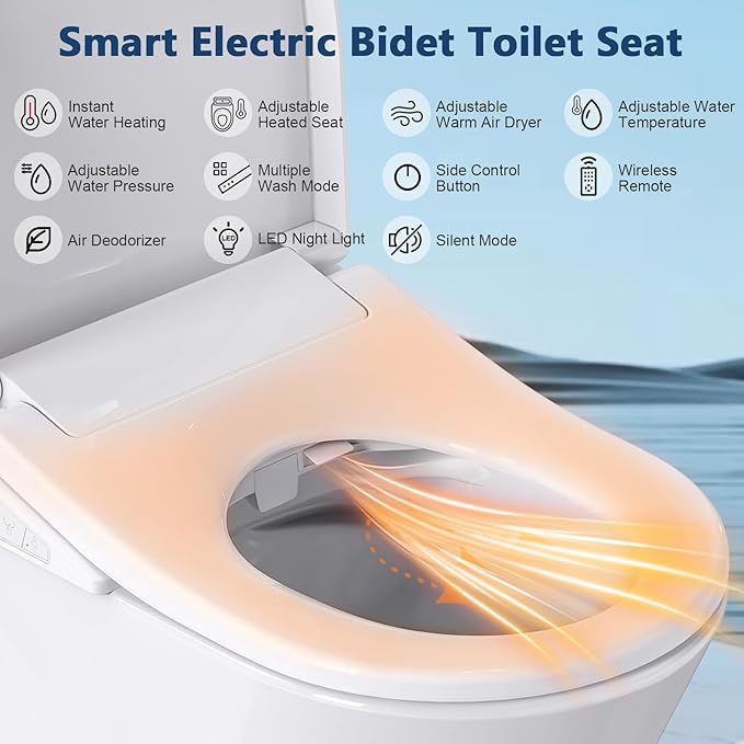 Electric Bidet Toilet Seat with Heated Seat, Endless Warm Water, Smart Bidet Toilet Seat Elongated, Separable Sittable Lid, Self-Clean Adjustable Nozzle | Wireless Remote | Quiet Operation
