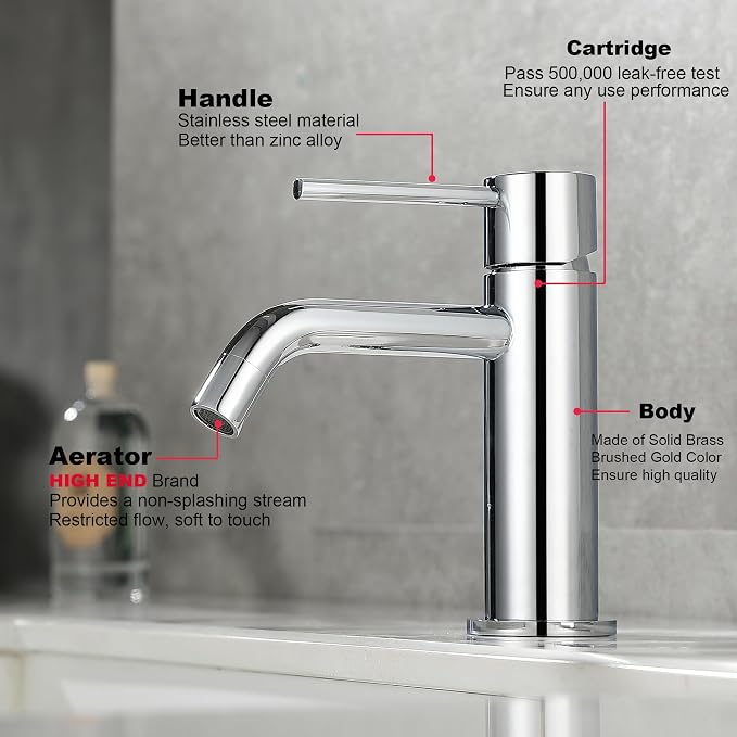 Chrome Bathroom Faucet Single Hole, Single Handle Water Faucet for Bathroom with Pop Up Drain Assembly and Water Faucet Supply Lines