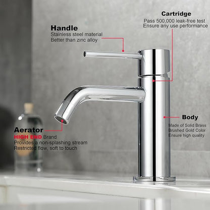 Chrome Bathroom Faucet Single Hole, Single Handle Water Faucet for Bathroom with Pop Up Drain Assembly and Water Faucet Supply Lines