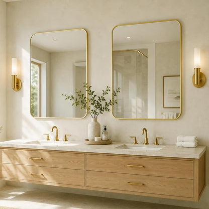 30x36 Inch Brushed Gold Rounded Rectangle Bathroom Vanity Mirror | For Over-Sink Bathrooms, Corrosion-Resistant Aluminum Frame, Slim Front Profile, Two-Way Mount, Protective Packaging