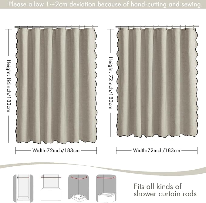 MIULEE Linen Scalloped Linen Shower Curtain 72x72 Inches | Linen Textured, Waterproof, Washable, 12 Metal Hooks, Heavy Duty Cloth, Black Border, Shower Curtain for Bathroom Bathtub