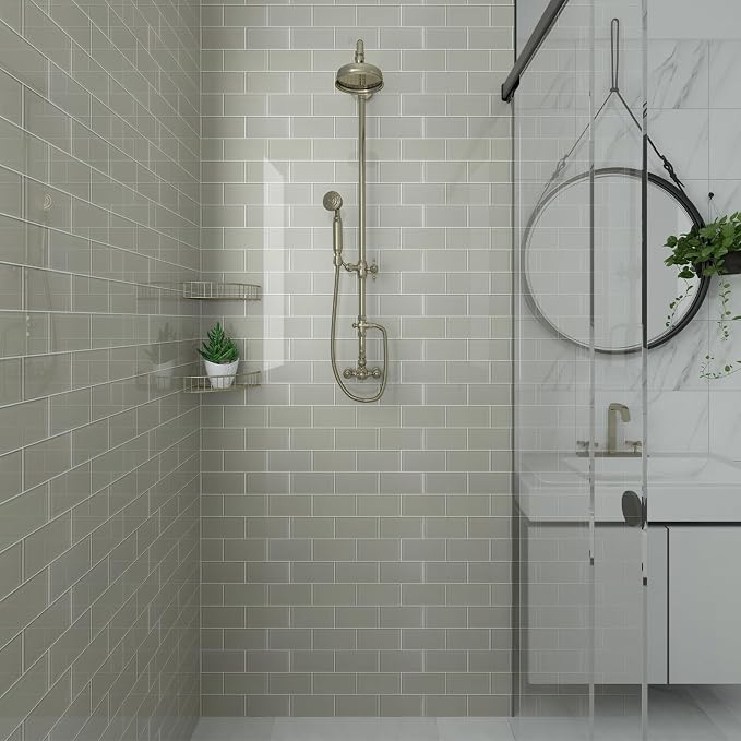 Warm Grey Glass Subway Tile, Glass for Bathroom Kitchen Shower Backsplash Wall, 3 x 6 Inches, 4 Sq.Ft.