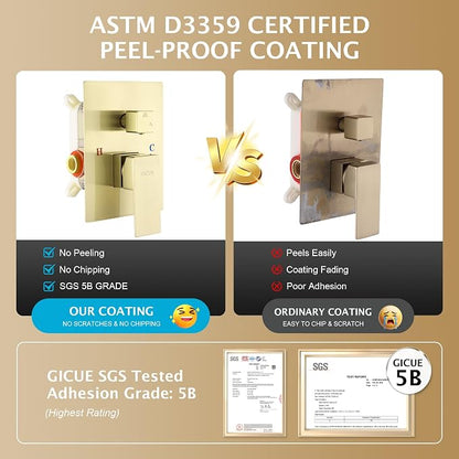 Rain Shower System, 10''Square Rain Head,2-Spray Handheld, Gold | 2 Spray Functions,Anti-Tangle Explosion-proof PVD Hose,Balance Temp Valve,Rust-proof & Scratch-resistant