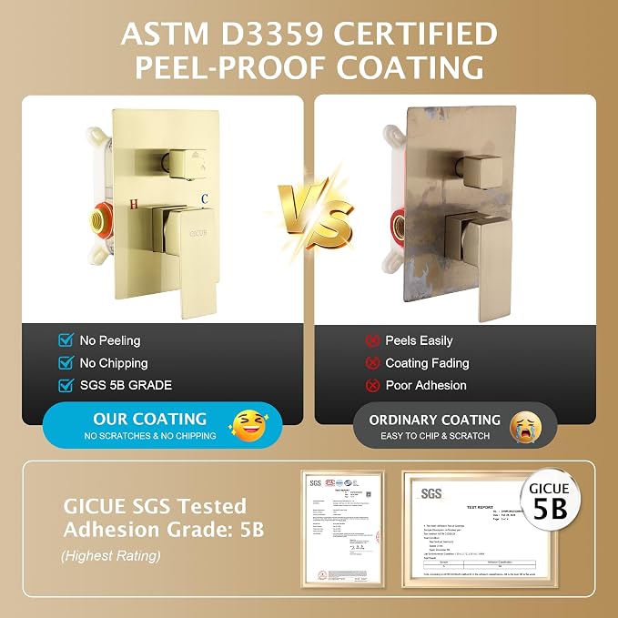 Rain Shower System, 8''Square Rain Head,2-Spray Handheld,Gold | 2 Spray Functions,Anti-Tangle Explosion-proof PVD Hose,Balance Temp Valve,Rust-proof & Scratch-resistant