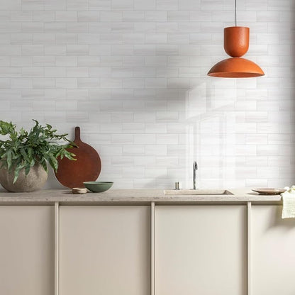Vamos Tile 4-Piece Glossy Dolomite White Peel and Stick Backsplash Tile | 3''x6'' PVC Subway Tile with White Grout, Stick on Backsplash for Kitchen/Bathroom/Fireplace/Laundry/Camper