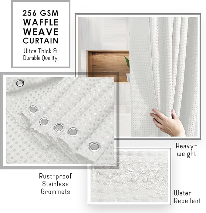 Clara Clark White Shower Curtain - Hotel Quality Waffle Fabric Bath Curtain 72x72, Heavy Duty Waterproof Shower Curtains for Bathroom