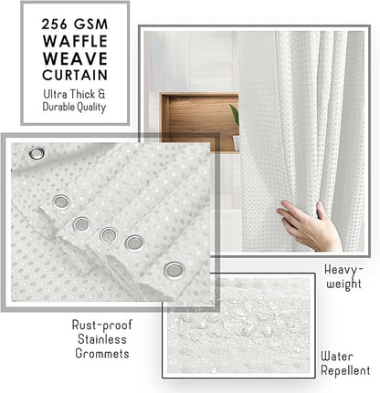 Clara Clark White Shower Curtain - Hotel Quality Waffle Fabric Bath Curtain 72x72, Heavy Duty Waterproof Shower Curtains for Bathroom