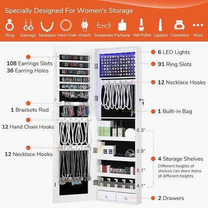 GISSAR Full Length Mirror Jewelry Cabinet, 6 LEDs Jewelry Armoire Wall Mounted Over The Door Hanging, Jewelry Organizer Storage with Lights Lockable, Bright White, 14.6" x 47.2"