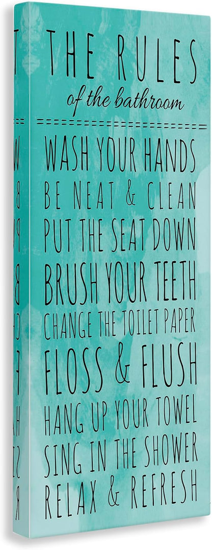 Stupell Home Décor Bathroom "The Rules" Turquoise Stretched Canvas Wall Art, 10 x 1.5 x 24, Proudly Made in USA