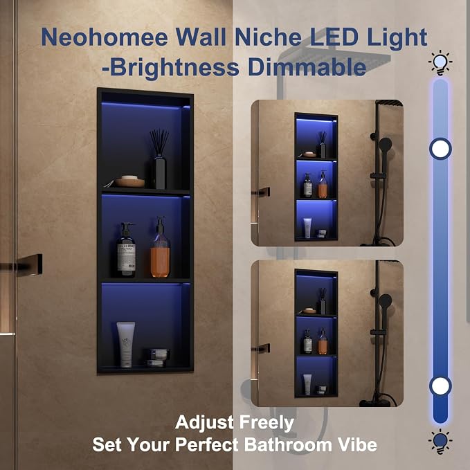 3-Tiers 12x36Inch Wall Niche with RGB LED Light Strips, Matte Black Shower Niche Shelf Cabinet, Stainless Steel Bathroom Shelf, NO Tile Needed Recessed Waterproof Storage Organizer