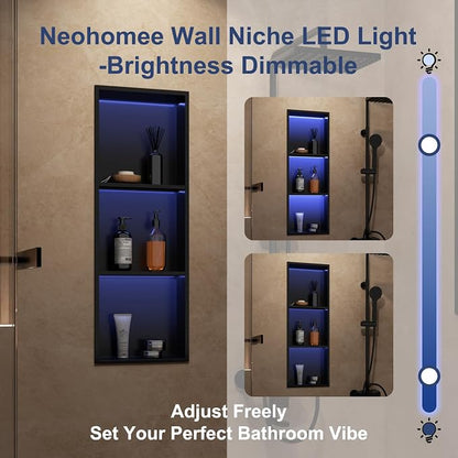 3-Tiers 12x36Inch Wall Niche with RGB LED Light Strips, Matte Black Shower Niche Shelf Cabinet, Stainless Steel Bathroom Shelf, NO Tile Needed Recessed Waterproof Storage Organizer