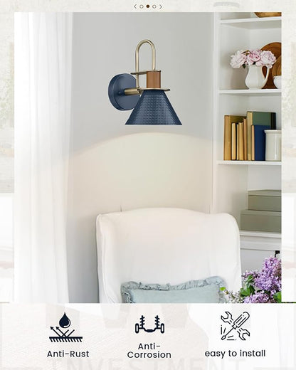 Rustic Wall Sconces Set of Two, HWH Indoor Wall Sconce 1-Light Barn Vanity Light, Hammered Barn Wall Lamp for Bathroom Bedroom Kitchen, Hammered Metal Shade, Navy Blue Finish, 5HZG74B-2L BL+BG