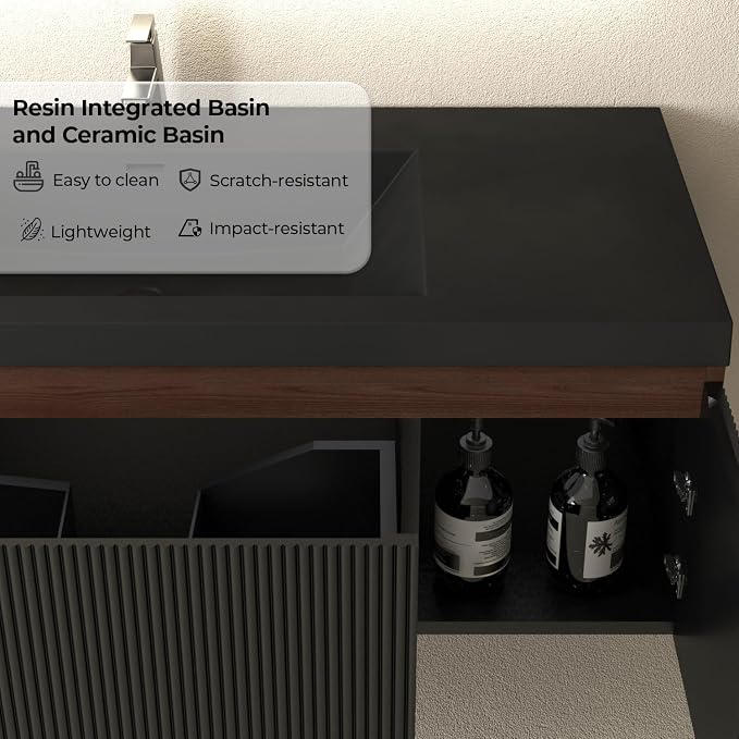 48 Inch Floating Bathroom Vanity with Sink, Wall Mounted Striped Storage Cabinet, Soft Close Drawer, Black Quartz Sand Basin, Fully Assembled, Smoked Walnut Finish