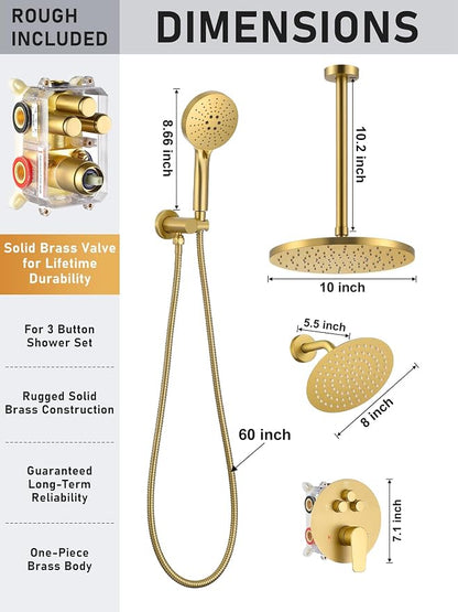 Woindo Shower Faucet Set 10" Rain Shower Head/8'' Side Shower Head and 3 Setting Handheld Ceiling Mount 3 Push Button Diverter Complete Rainfall Round Shower System Included Valve Trim Kit