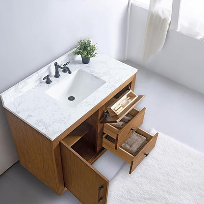 Vanity Art 42" Bathroom Vanity with Sink,Solid Poplar Wood, Vanity Cabinet with Doors and Shelf, Modern Wood Bathroom Vanity with White Marble Top, 2 Right Functioning Shaker Drawer, VA70-42-T-E
