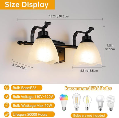 Bathroom Light Fixtures (2-Light, 15 Inch), Matte Black Vanity Lights for Bathroom with White Frosted Glass Shade, Modern Vanity Wall Lights for Mirror Bedroom Living Room Hallway