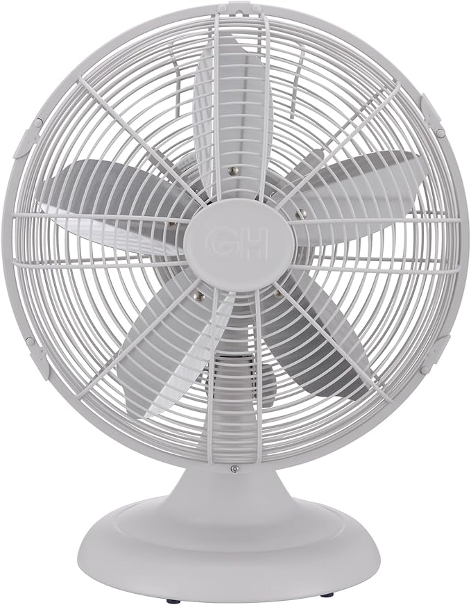 Good Housekeeping 92602 All-Metal 12" Retro Desk Office Table Fan with Wide Oscillation, 3-Speed Settings & Carrying Handle, Matte White