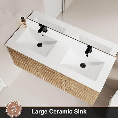 LUCKWIND 48" Floating Bathroom Vanity with Sink, Mid-Century Wall Mounted Big Drawer Cabinet with Sink, Water Saving Faucet and Wood Stripes Style, Oak